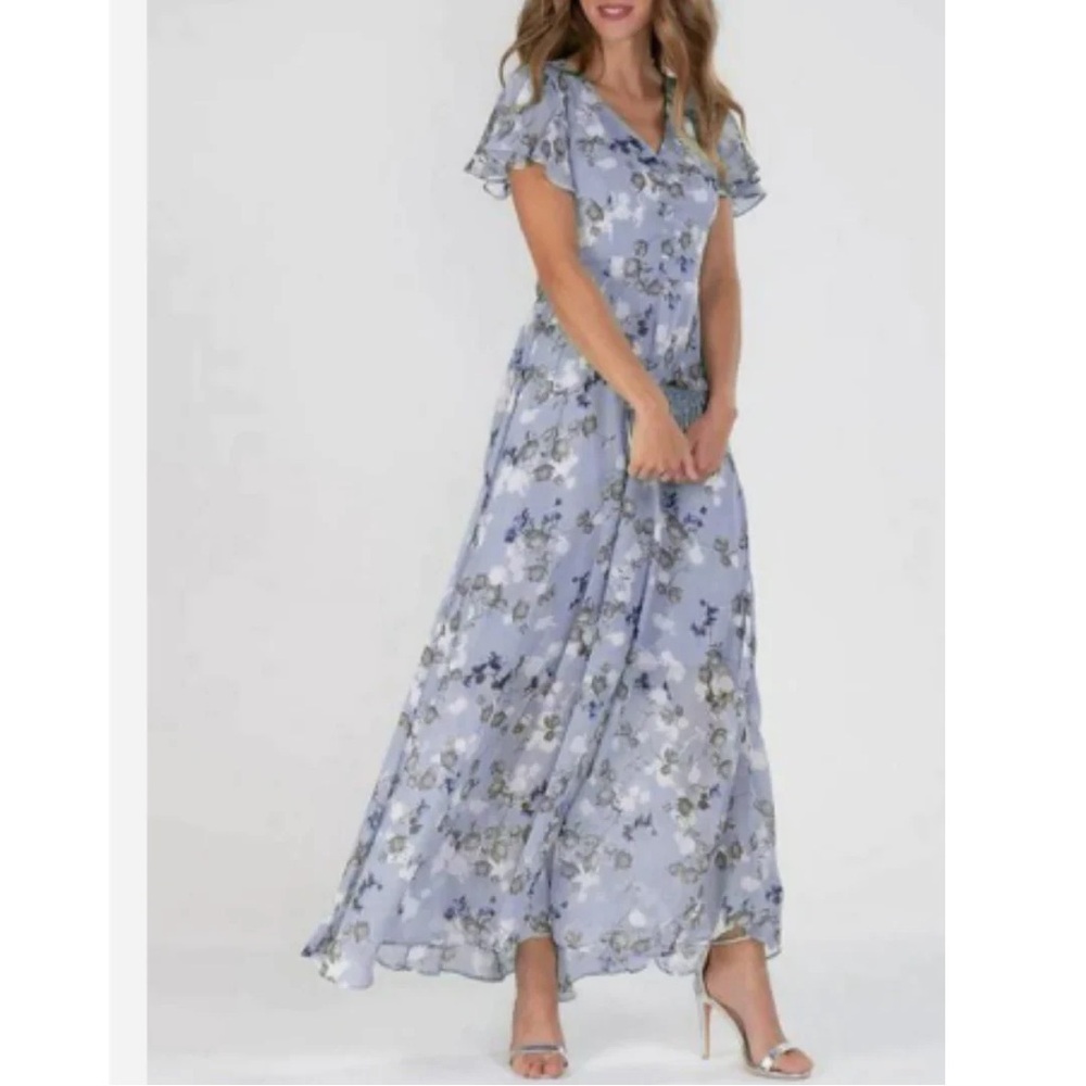 Floral Purple Maxi Dress Flutter Sleeve